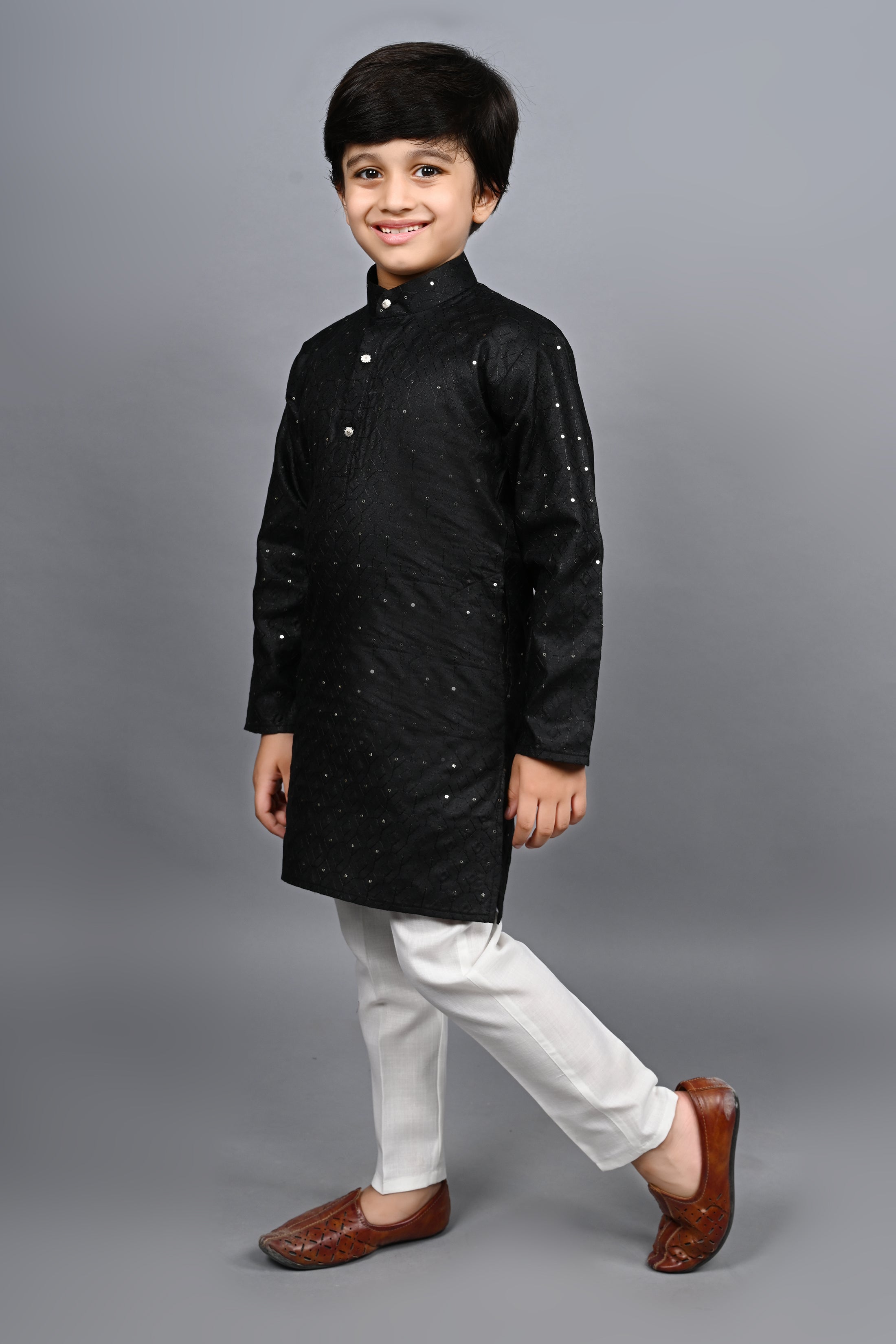 Ahhaaaa Kid's Sequin Print Embroidery Mirror Work Kurta with Pajama for Boys