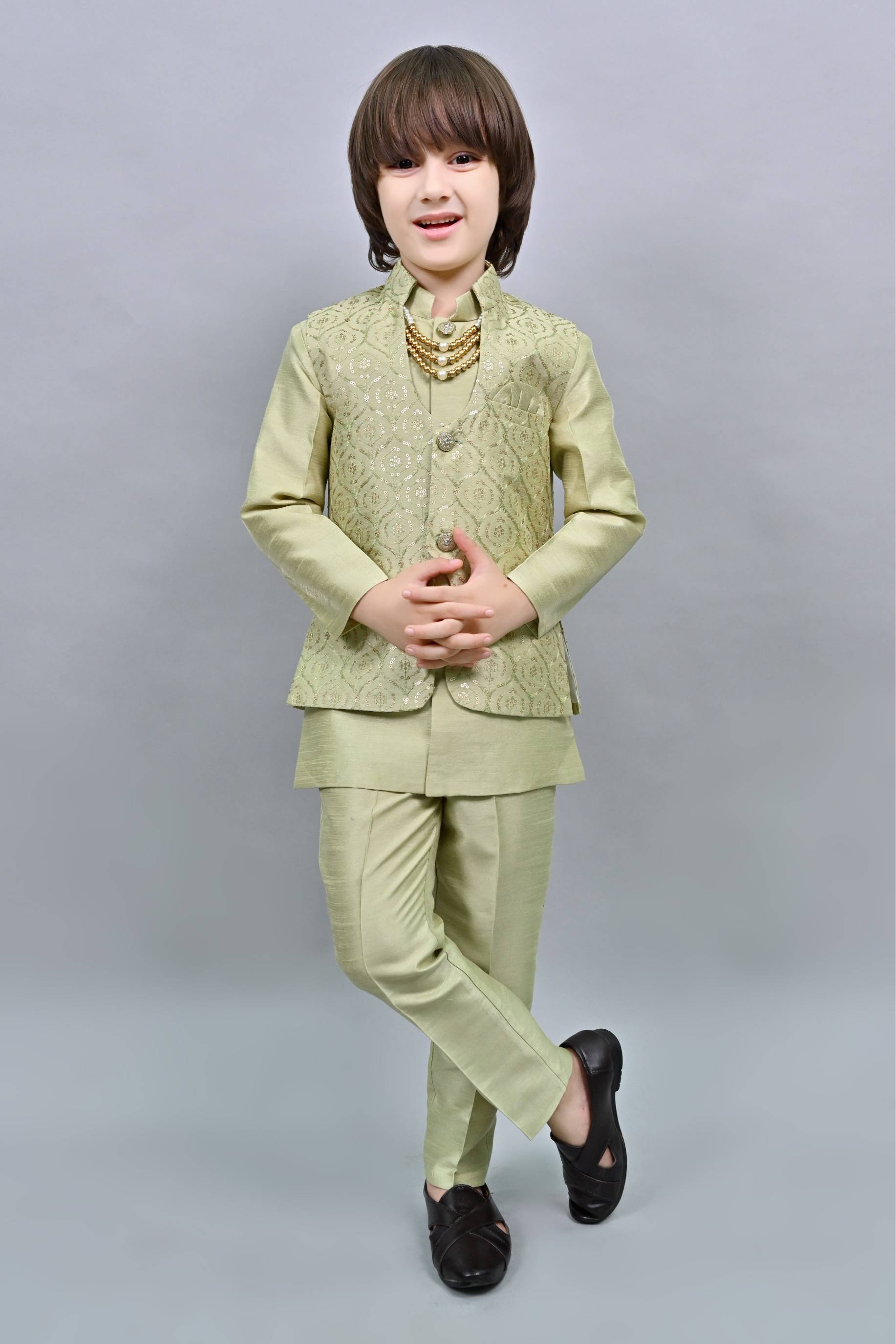 Ahhaaaa Kids Ethnic Bollywood Style Sherwani Waistcoat Kurta and Pyjama with Moti Mala for Boys
