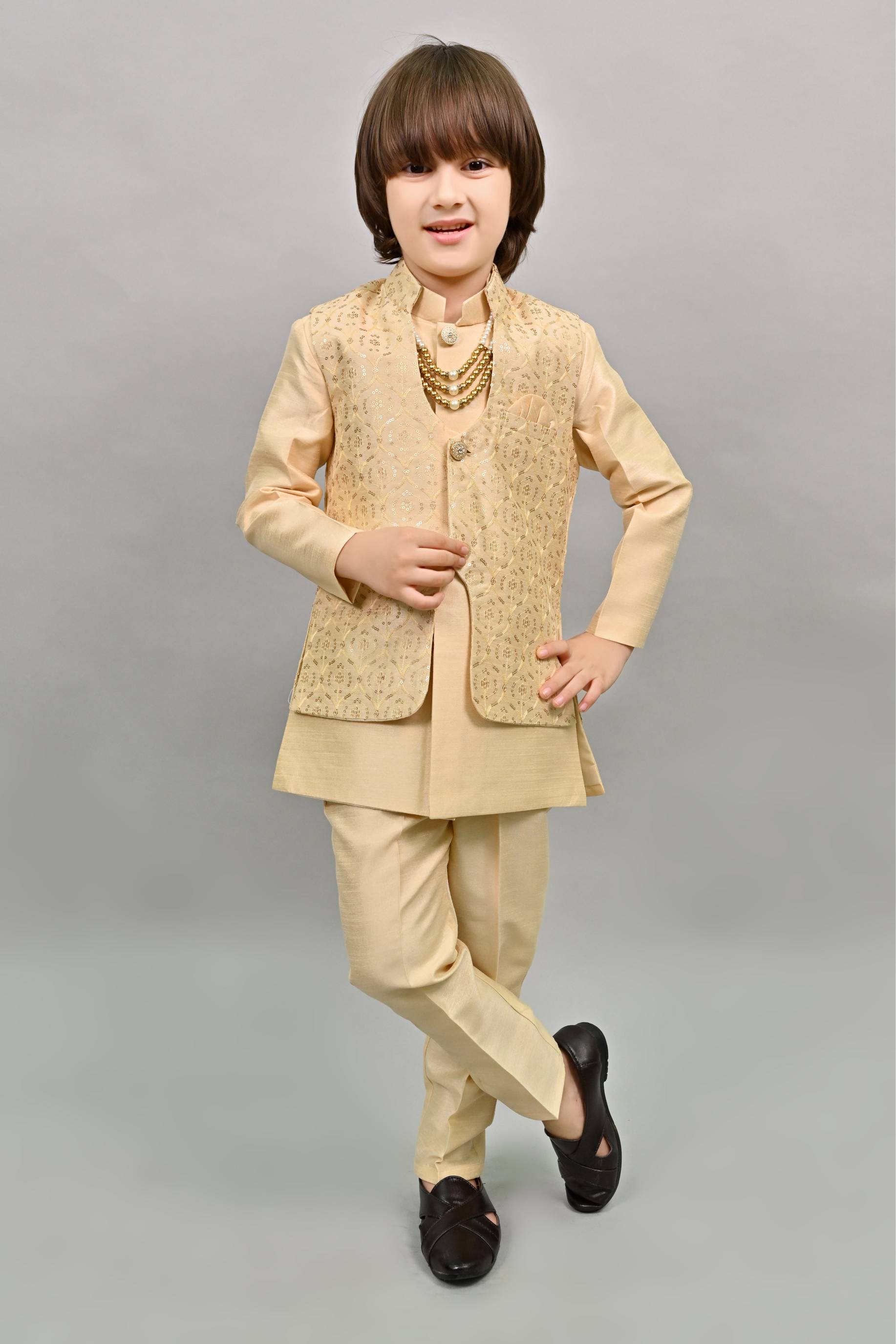 Ahhaaaa Kids Ethnic Bollywood Style Sherwani Waistcoat Kurta and Pyjama with Moti Mala for Boys