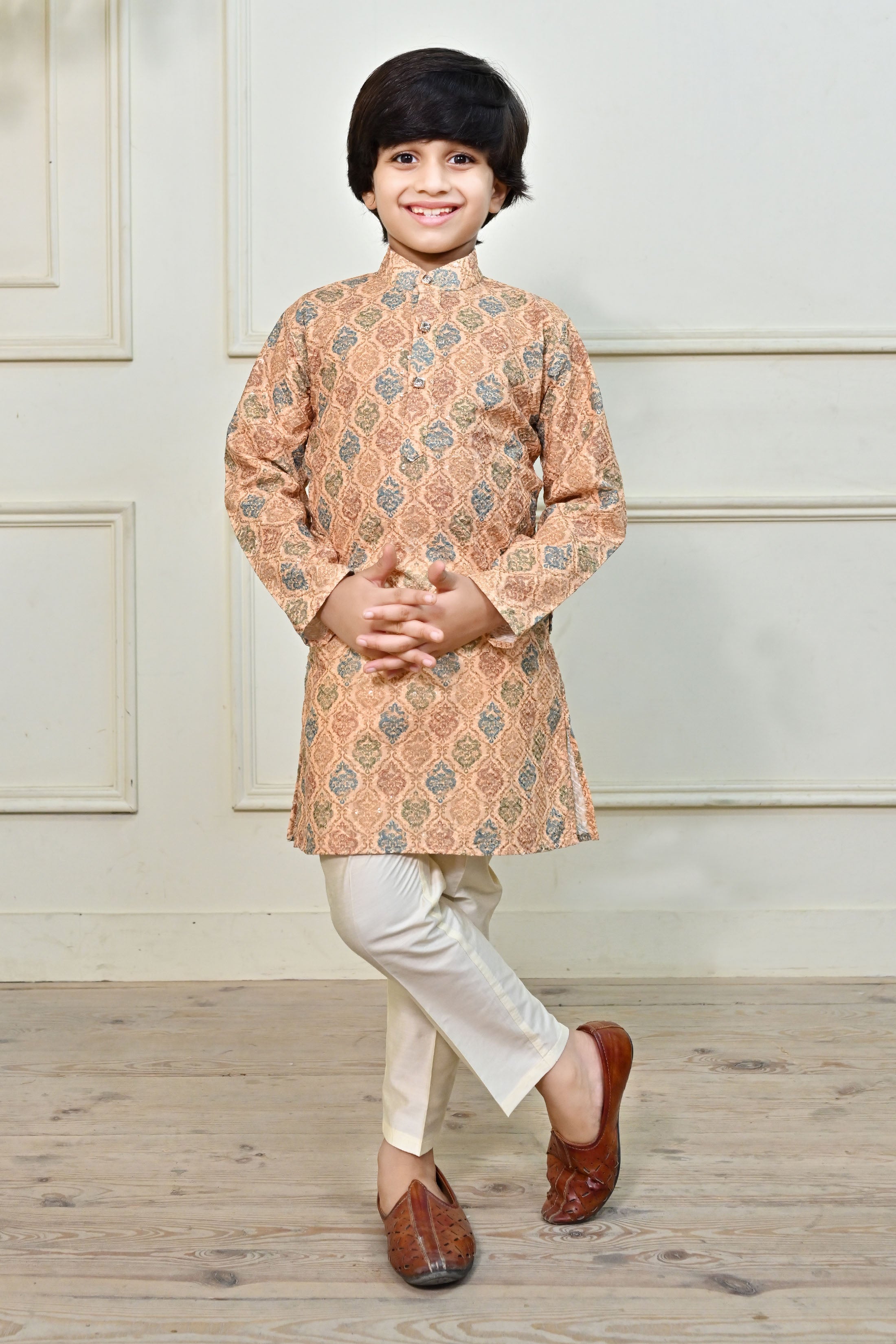 Ahhaaaa Kids Ethnic Cotton Printed Kurta Pajama Set for Boys Orange