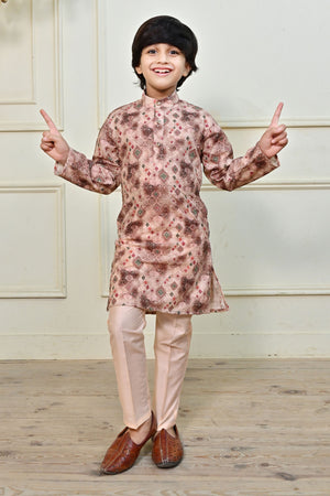 Ahhaaaa Kids Ethnic Cotton Printed Kurta Pajama Set for Boys Coffee