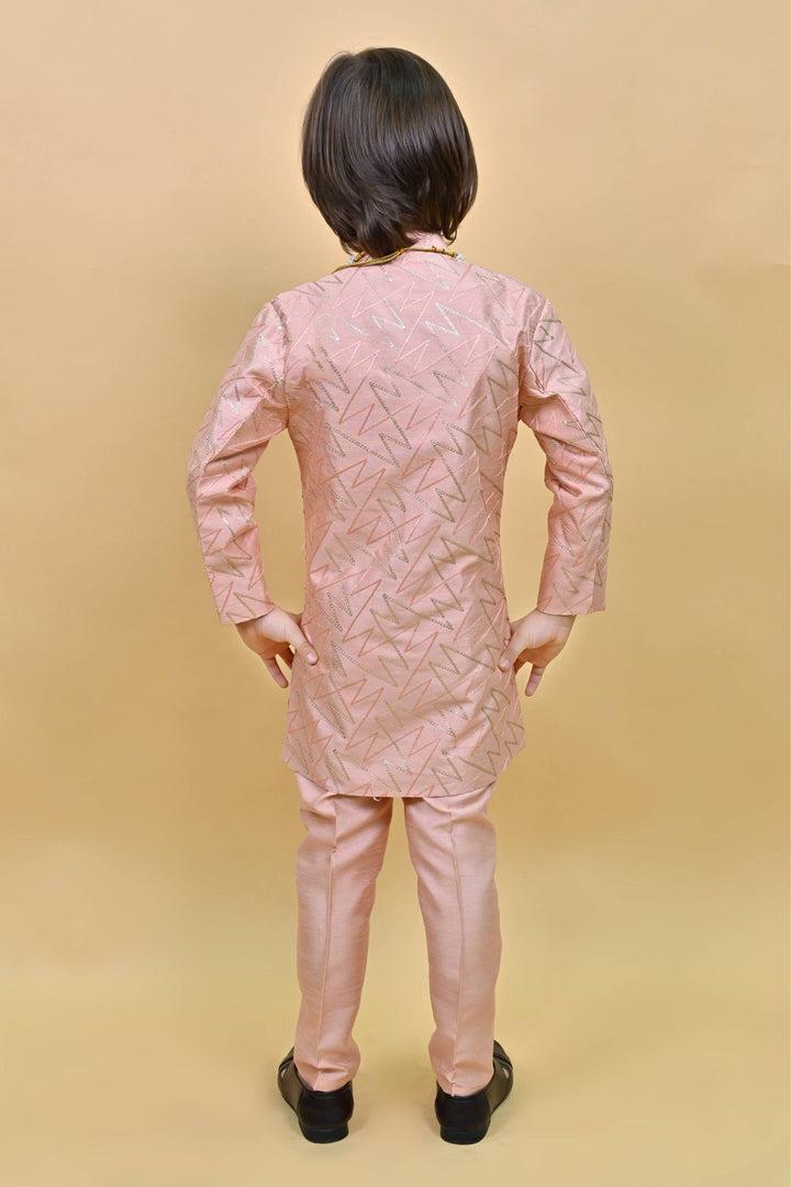 Ahhaaaa Kids Ethnic Jacquard Sequin Print Indo-Western Sherwani Set with Maala for Boys