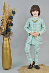 Ahhaaaa Kids Ethnic Jacquard Silk Sequin Printed Indo-Western Sherwani Set with Maala for Boys Turquoise Blue