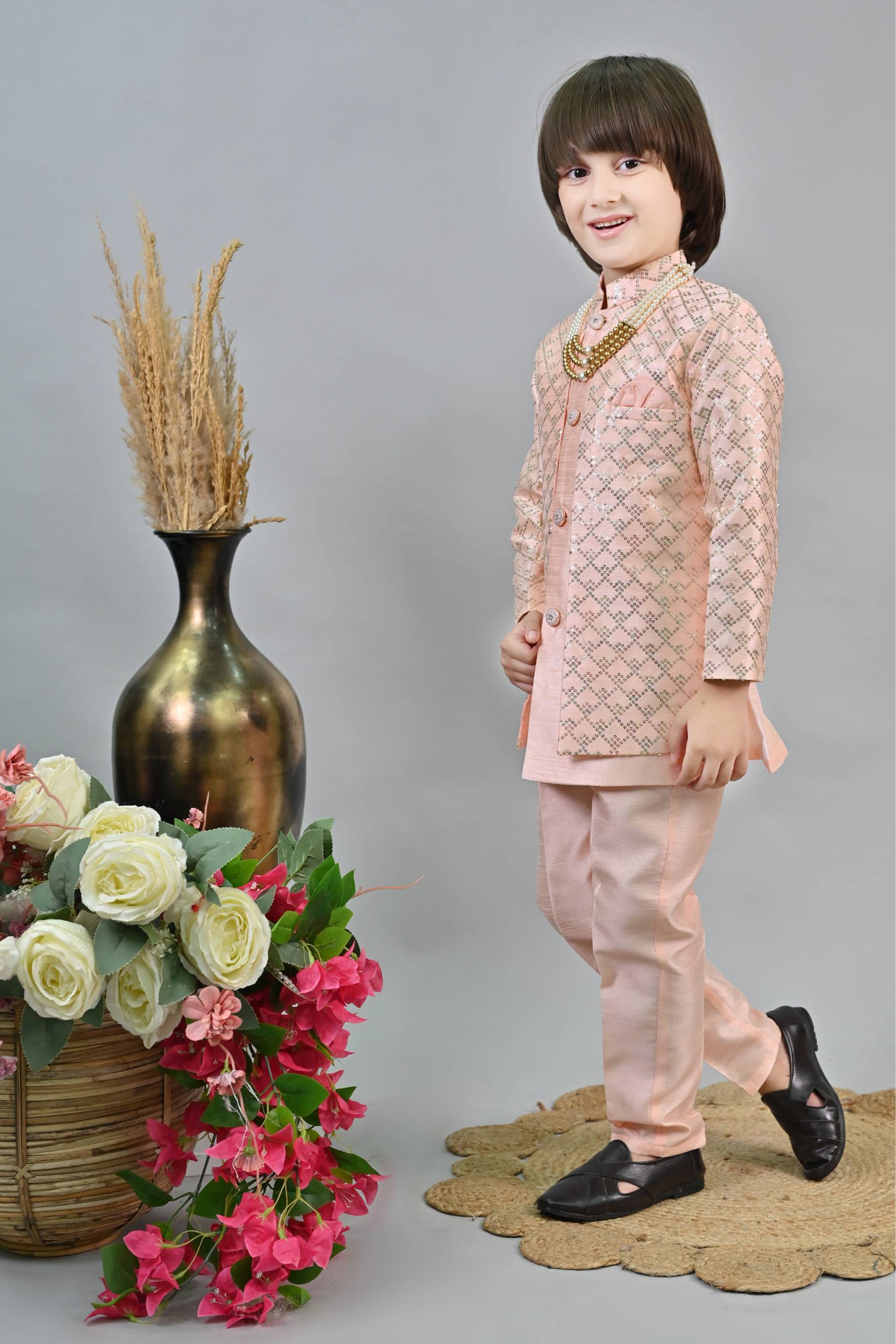 Ahhaaaa Kids Ethnic Jacquard Silk Sequin Printed Indo-Western Sherwani Set with Maala for Boys