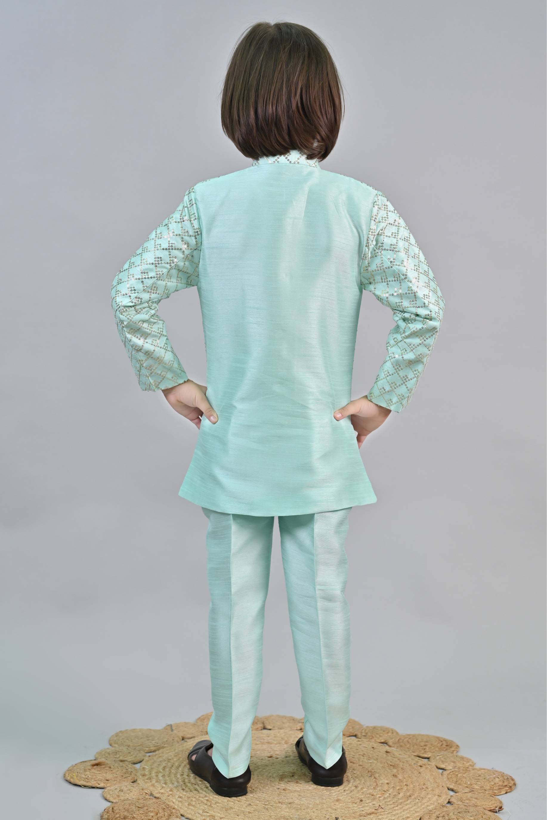 Ahhaaaa Kids Ethnic Jacquard Silk Sequin Printed Indo-Western Sherwani Set with Maala for Boys