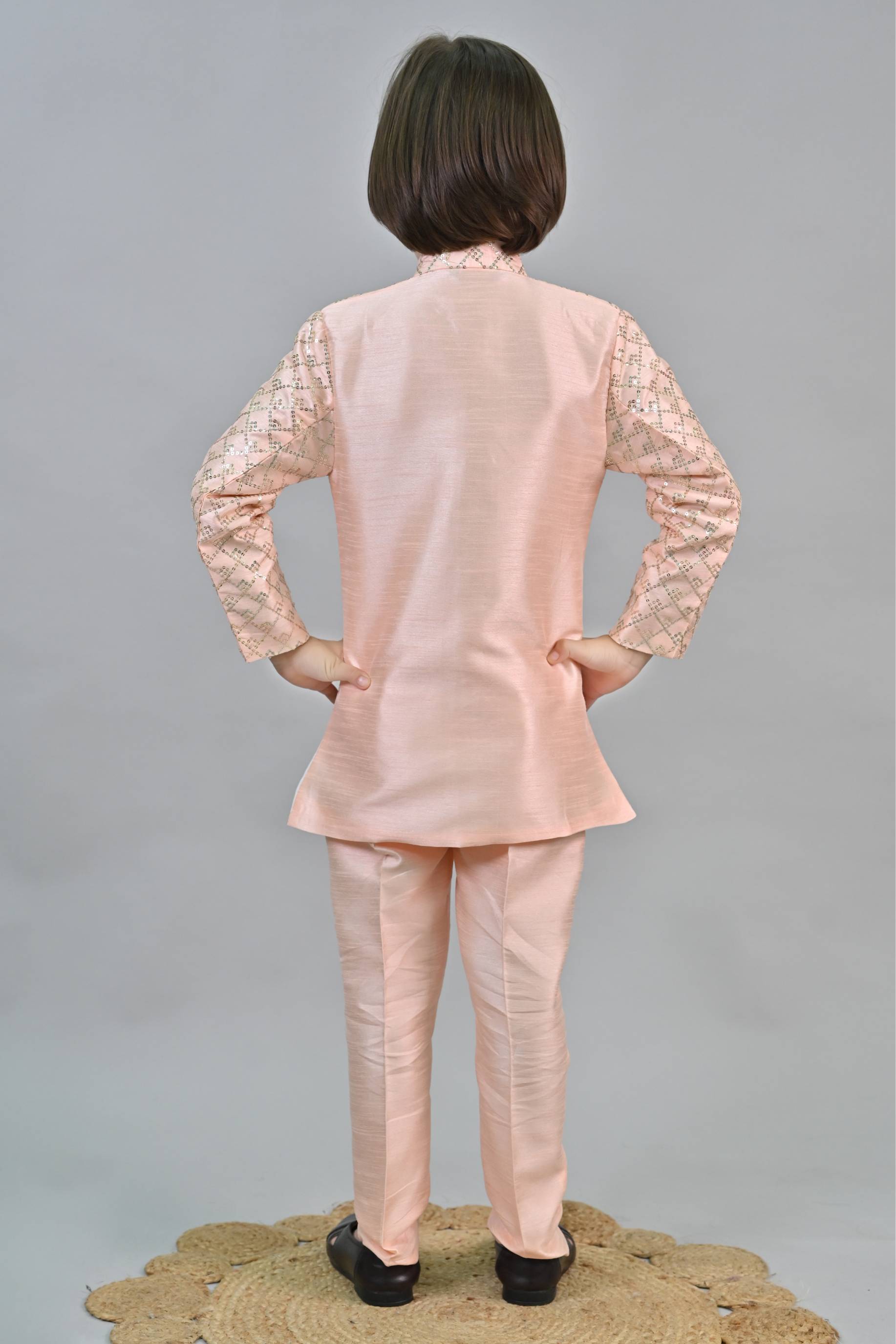 Ahhaaaa Kids Ethnic Jacquard Silk Sequin Printed Indo-Western Sherwani Set with Maala for Boys