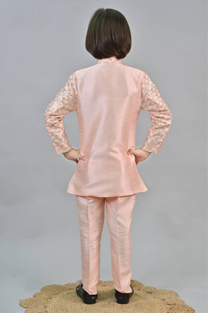Ahhaaaa Kids Ethnic Jacquard Silk Sequin Printed Indo-Western Sherwani Set with Maala for Boys