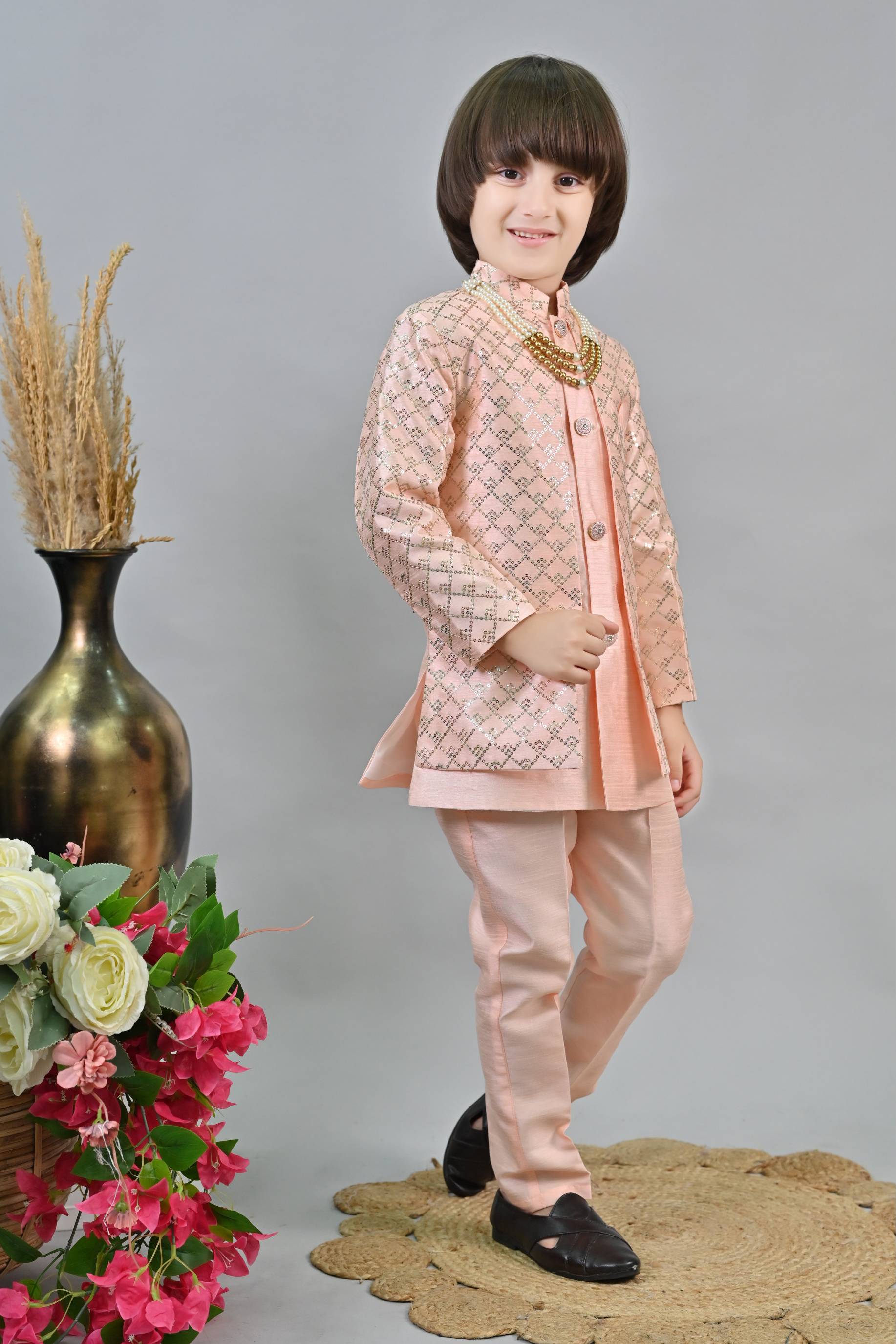 Ahhaaaa Kids Ethnic Jacquard Silk Sequin Printed Indo-Western Sherwani Set with Maala for Boys