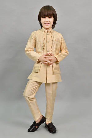 Ahhaaaa Kids Ethnic Silk Blend Waistcoat Kurta Pyjama 3 Piece Sherwani Set For Boys