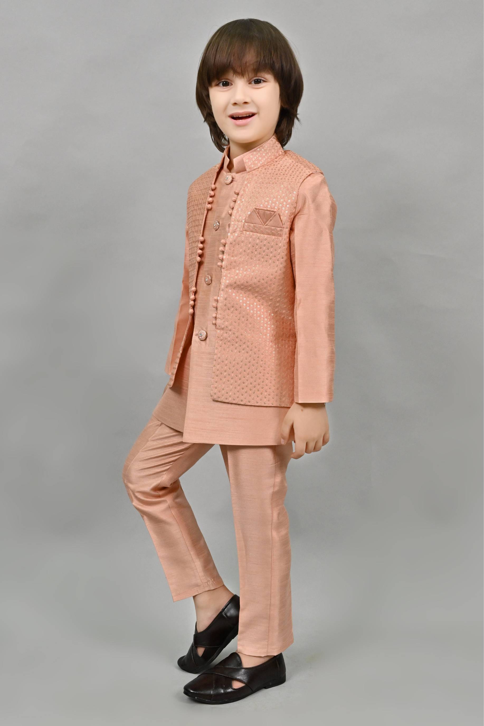 Ahhaaaa Kids Ethnic Silk Blend Waistcoat Kurta Pyjama 3 Piece Sherwani Set For Boys