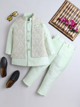 Ahhaaaa Kids Ethnic Silk Blend Waistcoat Kurta Pyjama Sherwani Set For Boys Green
