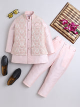Ahhaaaa Kids Ethnic Silk Blend Waistcoat Kurta Pyjama Sherwani Set For Boys Pink
