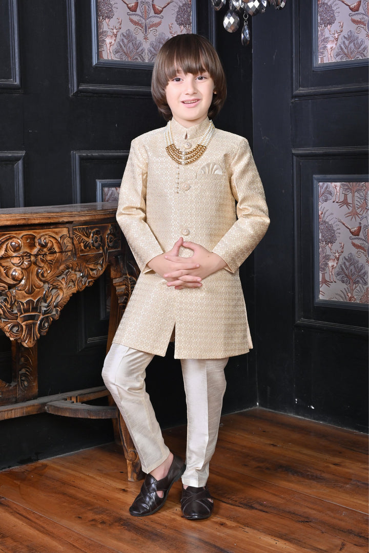 Ahhaaaa Kids Ethnic Silk Embroidered Hand-Work Indo-Western Sherwani Set for Boys