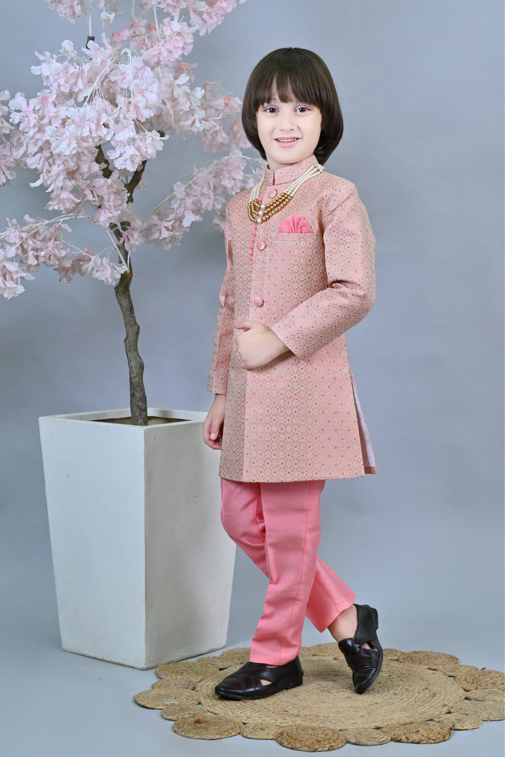Ahhaaaa Kids Ethnic Silk Embroidered Hand-Work Indo-Western Sherwani Set for Boys