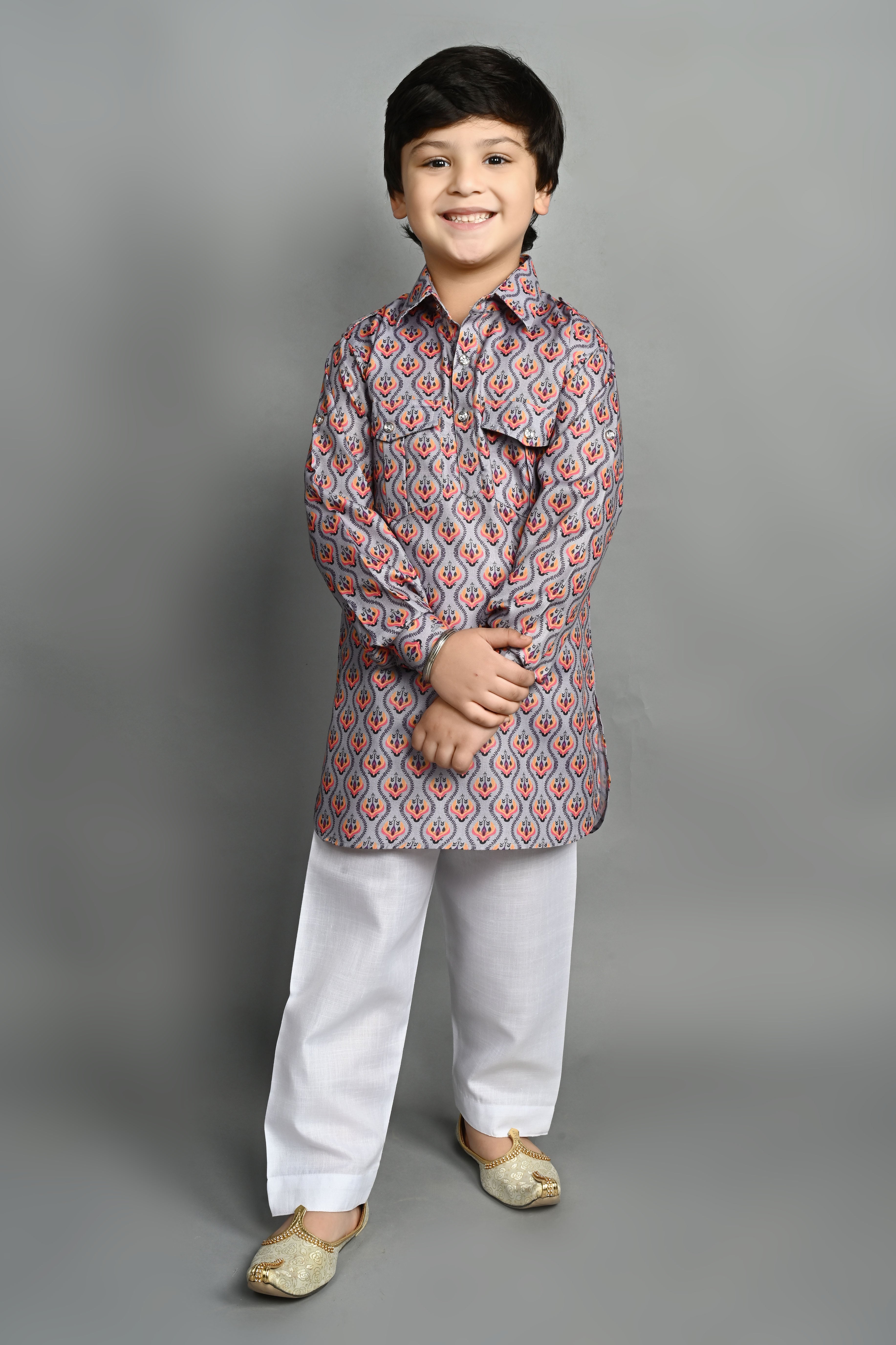 Ahhaaaa Kids Ethnic Wear Printed Cotton Kurta Pyjama Pathani Suit For Boys