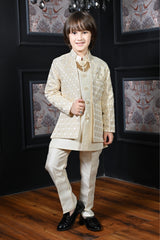 Ahhaaaa Kids Zari Work Indo-Western Kurta, Pajama and Waistcoat Ethnic Set For Boys Beige