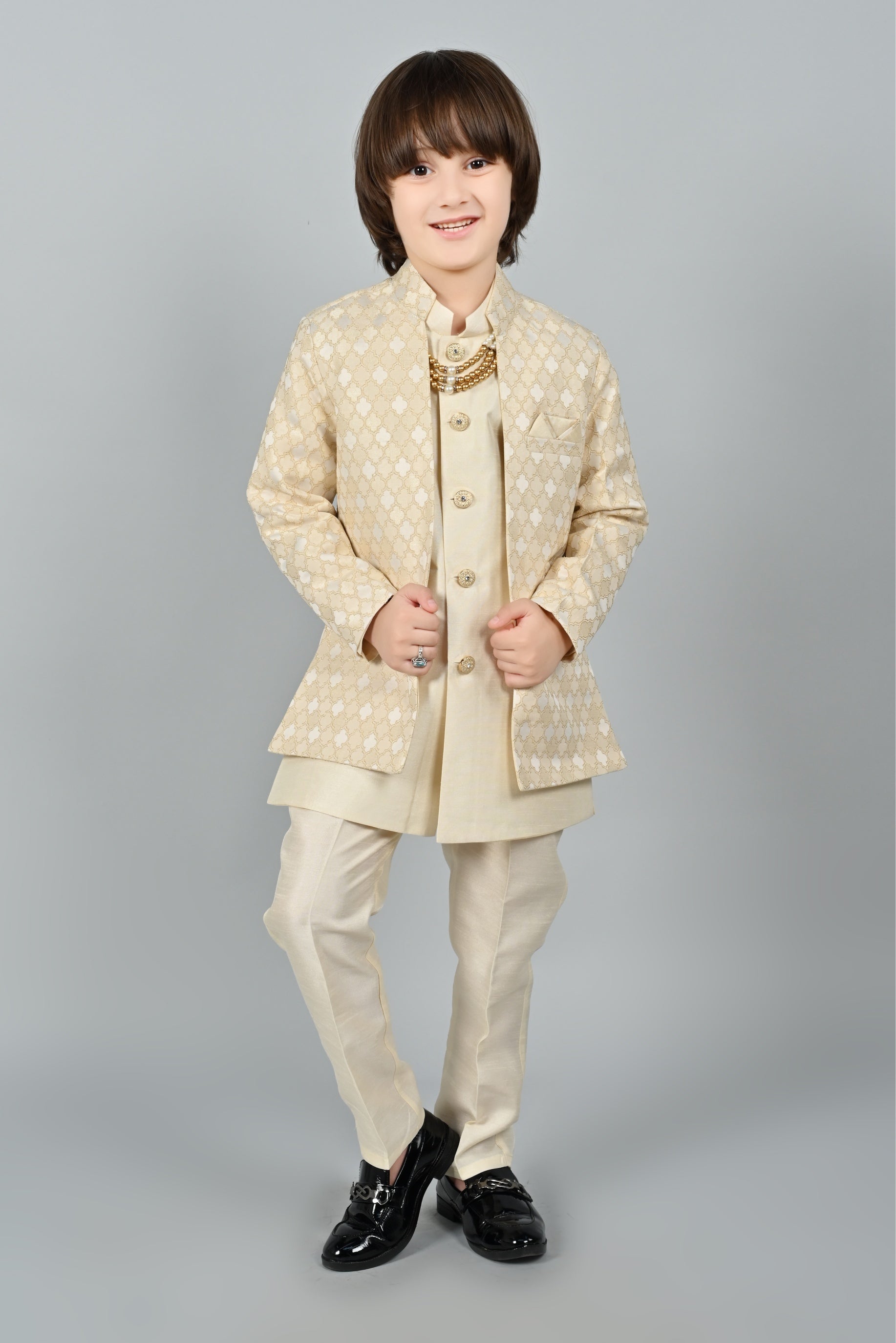 Ahhaaaa Kids Zari Work Indo-Western Kurta, Pajama and Waistcoat Ethnic Set For Boys