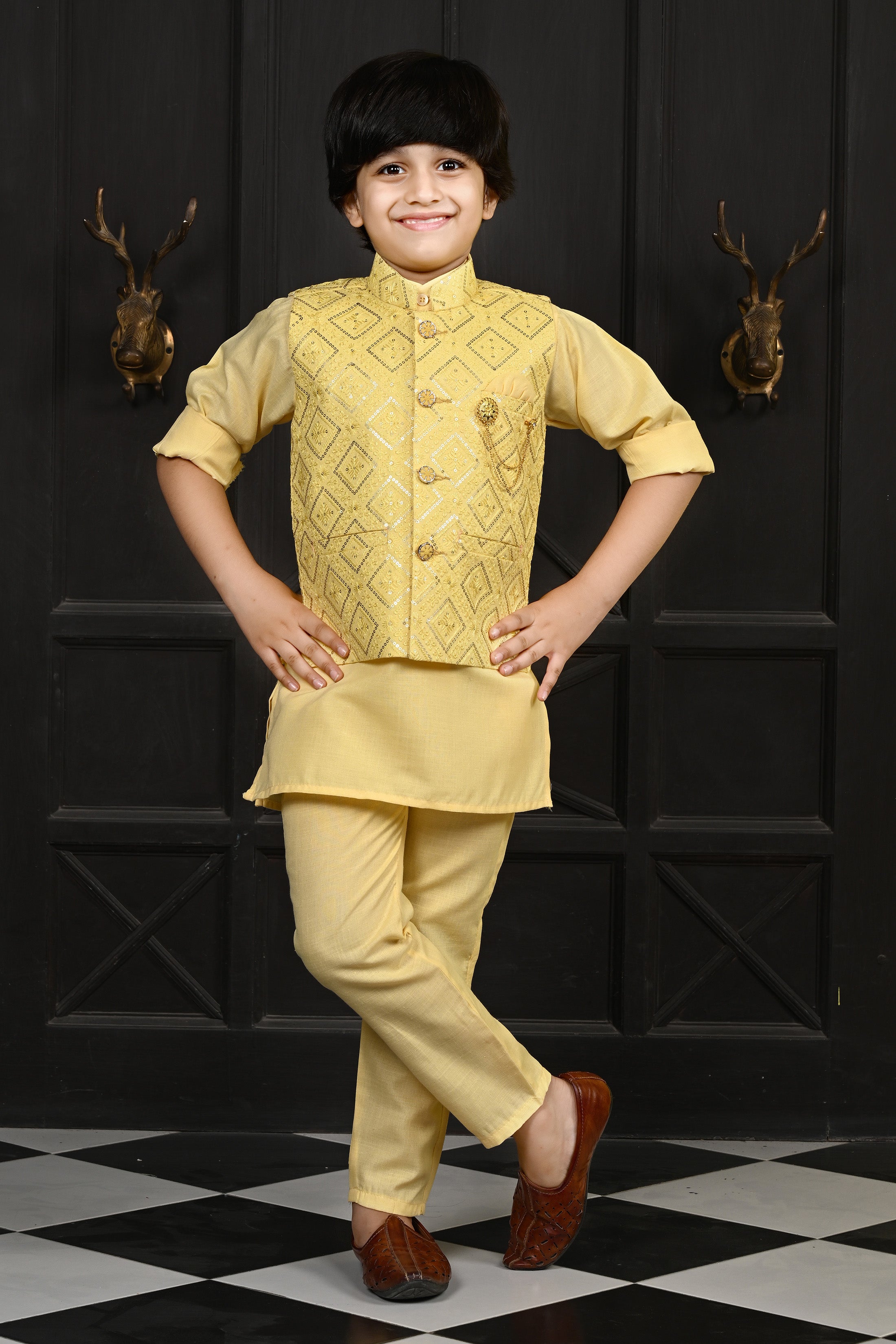 Ahhaaaa Traditional Indian Wear Bollywood Indo-Western Sherwani for Boys Yellow