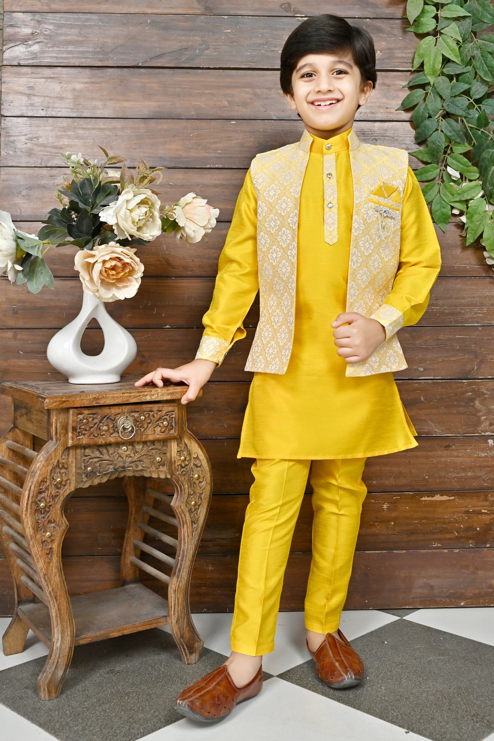 Ahhaaaa Traditional Party Wear Bollywood Style Indo-Western Sherwani for Boys Yellow