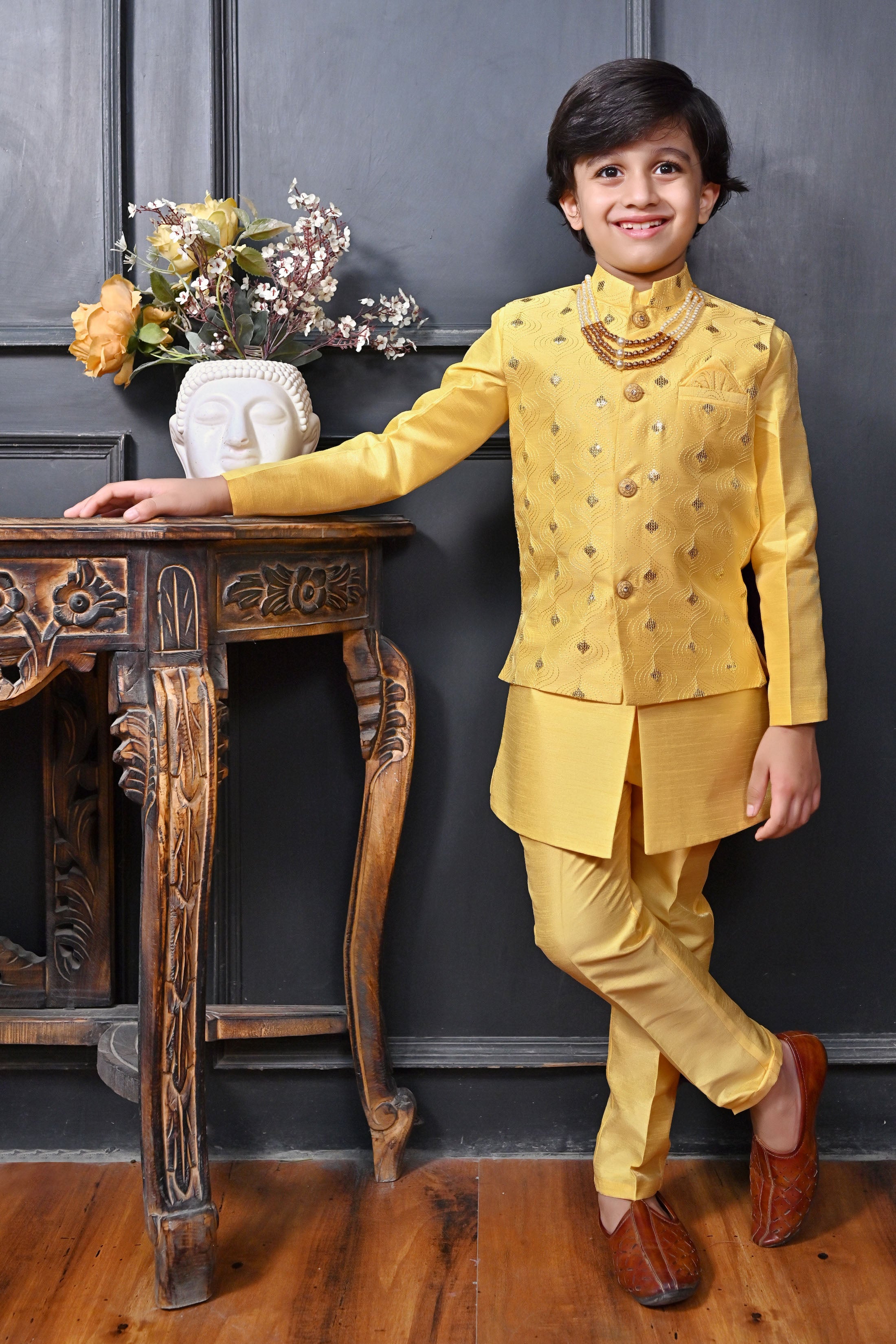 Ahhaaaa Traditional Party Wear Bollywood Style Indo-Western Sherwani for Boys Yellow