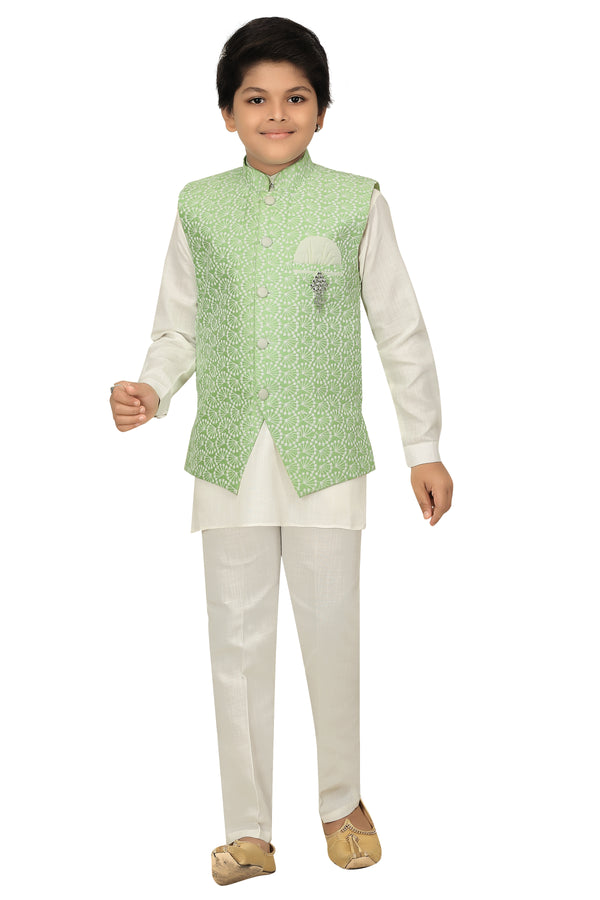 Ahhaaaa Kids Ethnic Chikankari Embroidery Waistcoat Kurta and Pajama Set For Boys Green