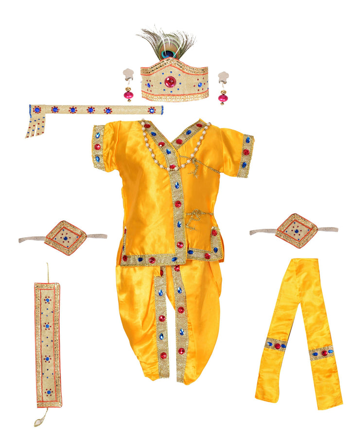 Ahhaaaa Satin Yellow Platinum Krishna Dress Kurta Dhoti with Accessories for Boys - ahhaaaa.com