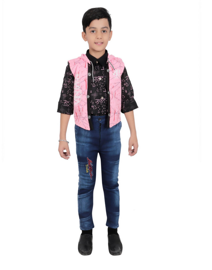 Ahhaaaa Kids Cotton Blend Hooded Waistcoat Shirt and Pant for Boys - ahhaaaa.com