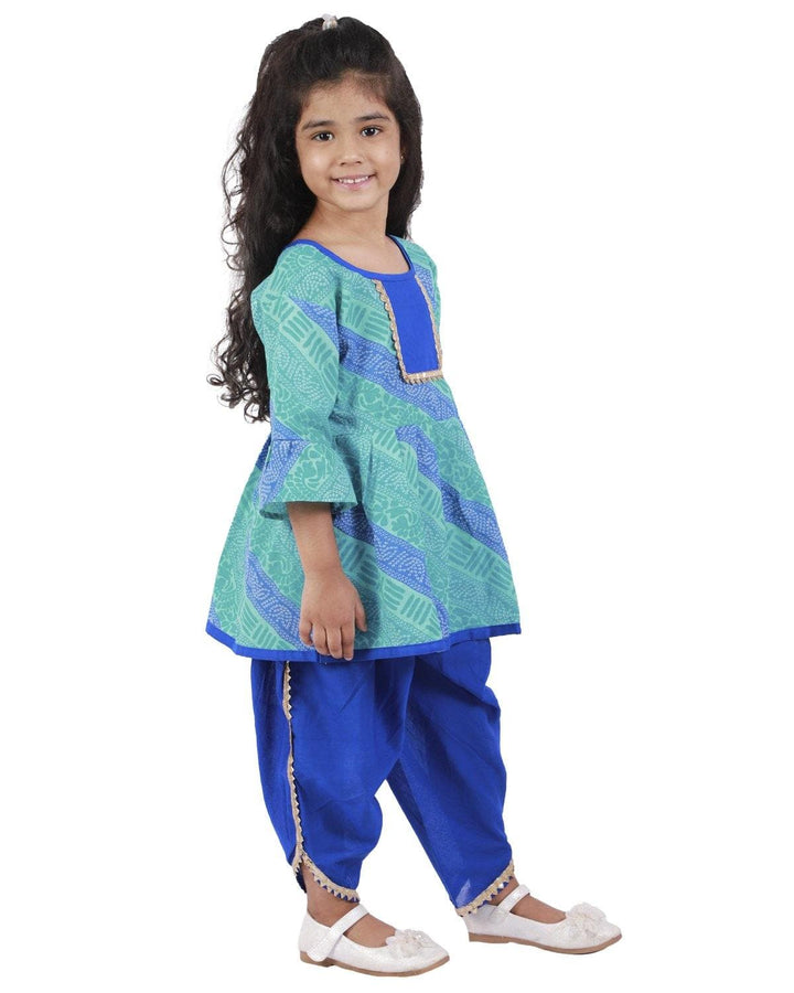 Ahhaaaa Cotton Jaipuri Print  Frill Sleeves Frock Style Kurti with Dhoti Salwar For Baby Girls - ahhaaaa.com