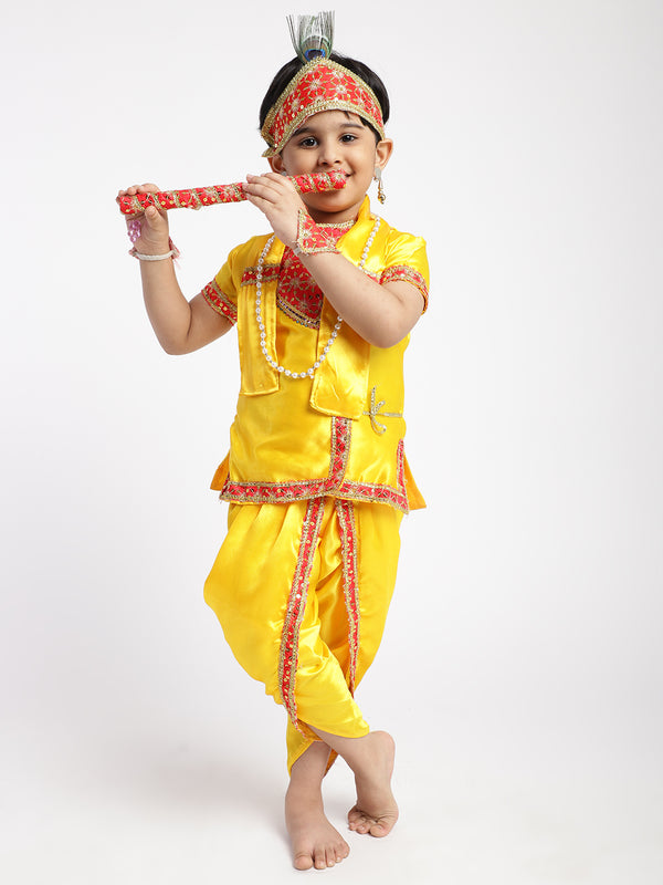 Ahhaaaa Satin Yellow Platinum Krishna Dress Kurta Dhoti with Accessories for Boys