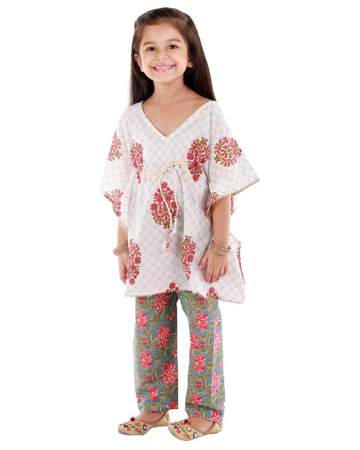 Ahhaaaa Cotton Floral Print Kaftan Top-Pajama Set for Girls - ahhaaaa.com
