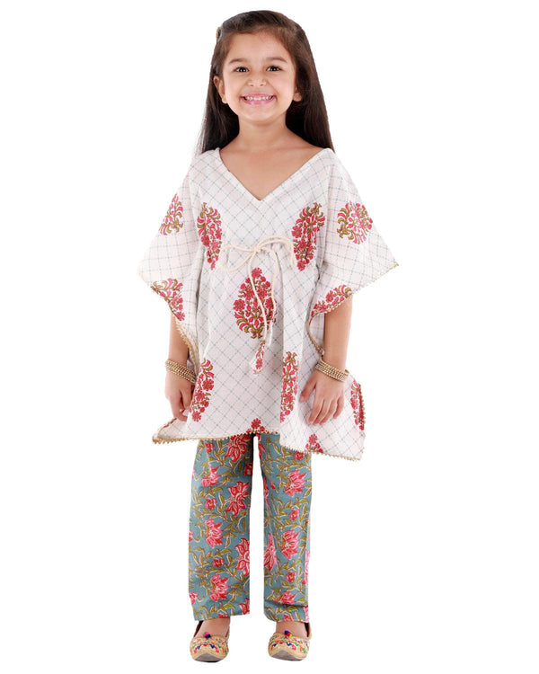 Ahhaaaa Cotton Floral Print Kaftan Top-Pajama Set for Girls - ahhaaaa.com