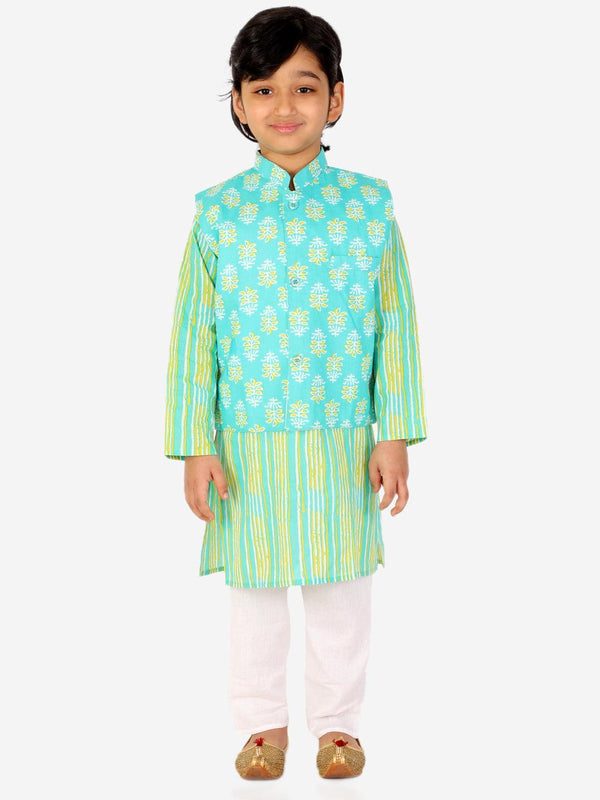 Ahhaaaa Kids Ethnic Cotton Kurta Pyjama with Waistcoat Set for Boys Green