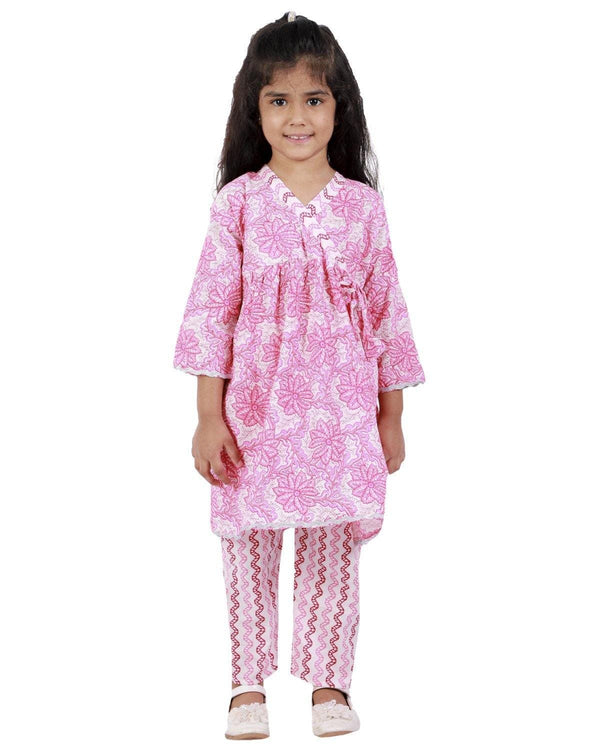 Ahhaaaa Cotton Floral Print Angrekha Kurti-Pajama Set for Girls - ahhaaaa.com