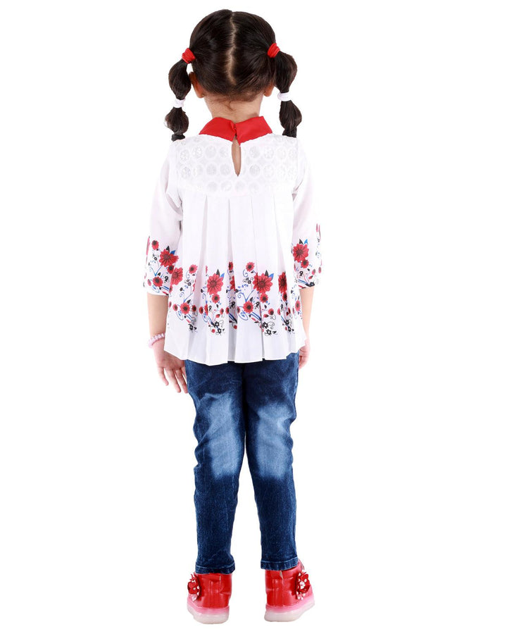 Ahhaaaa Kids Cotton Blend Floral Printed Top with Blue Denim Jeans for Baby Girls - ahhaaaa.com