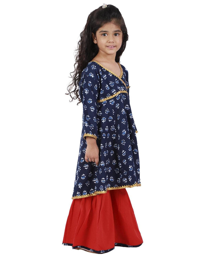 Ahhaaaa Cotton Jaipuri Indigo Anarkali-Red Sharara Set For Baby Girls - ahhaaaa.com