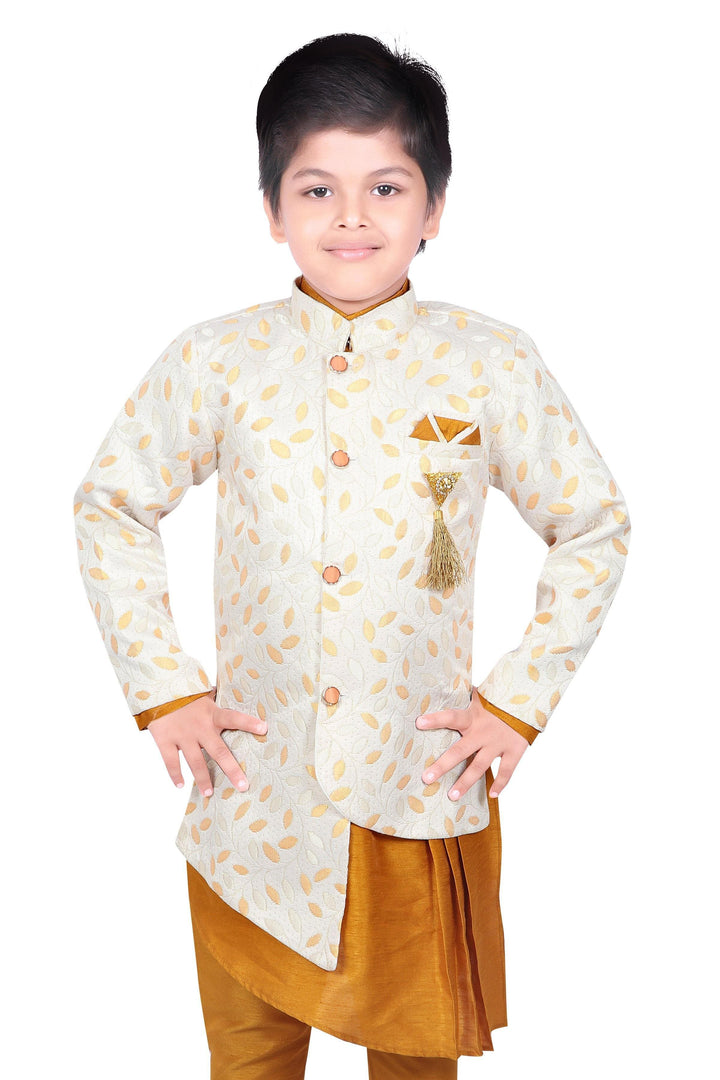 Ahhaaaa Kids Ethnic Wear Kurta Pyjama Waistcoat Set - Floral Embroidered Plated Design + Brooch Pin - Indian Traditional Festival For Boys - ahhaaaa.com
