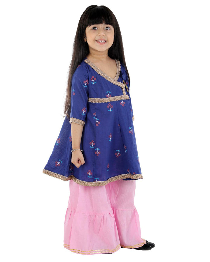 Ahhaaaa Cotton Jaipuri Anarkali Kurti-Orange Sharara Set For Baby Girls - ahhaaaa.com