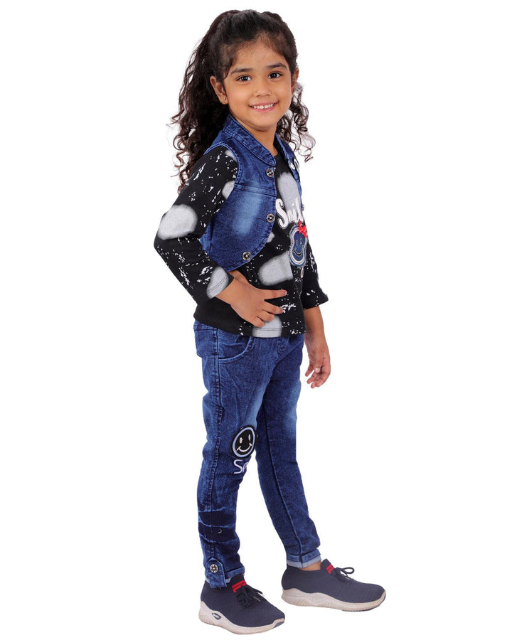 Ahhaaaa Kids Cotton Black Top Blue Denim Jeans and Jacket for Baby Girls - ahhaaaa.com