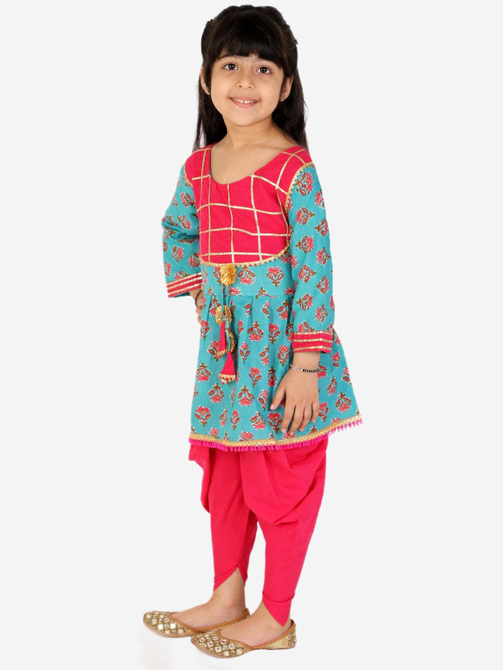 Ahhaaaa Kids Ethnic Cotton Jaipuri Print Frock Style Kurti with Frill Sleeves and Dhoti Style Salwar for Baby Girls - ahhaaaa.com