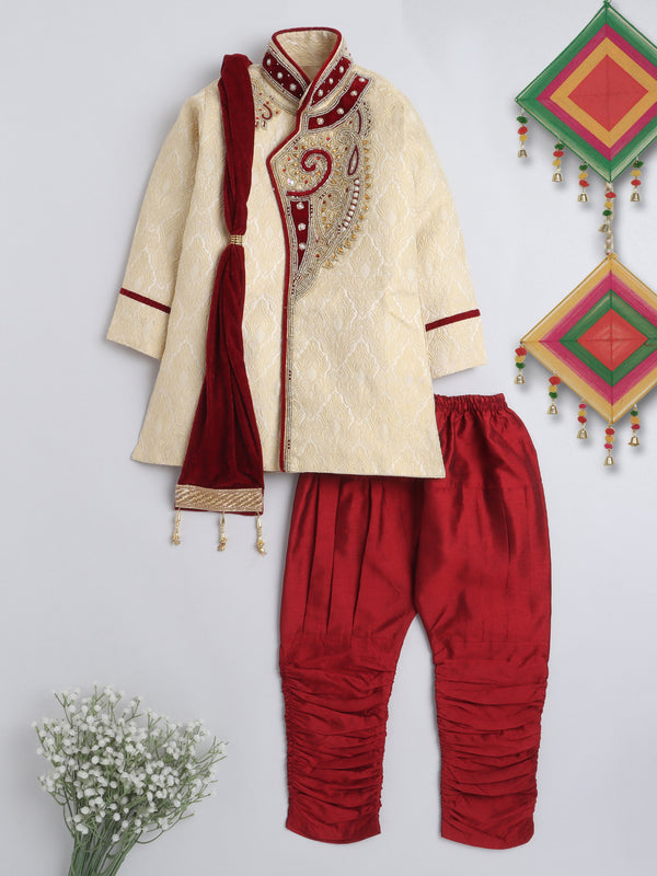 Ahhaaaa Kid's Indian Handwork Embroidered Sherwani and Breeches Set With Dupatta Traditional Collection for Boys