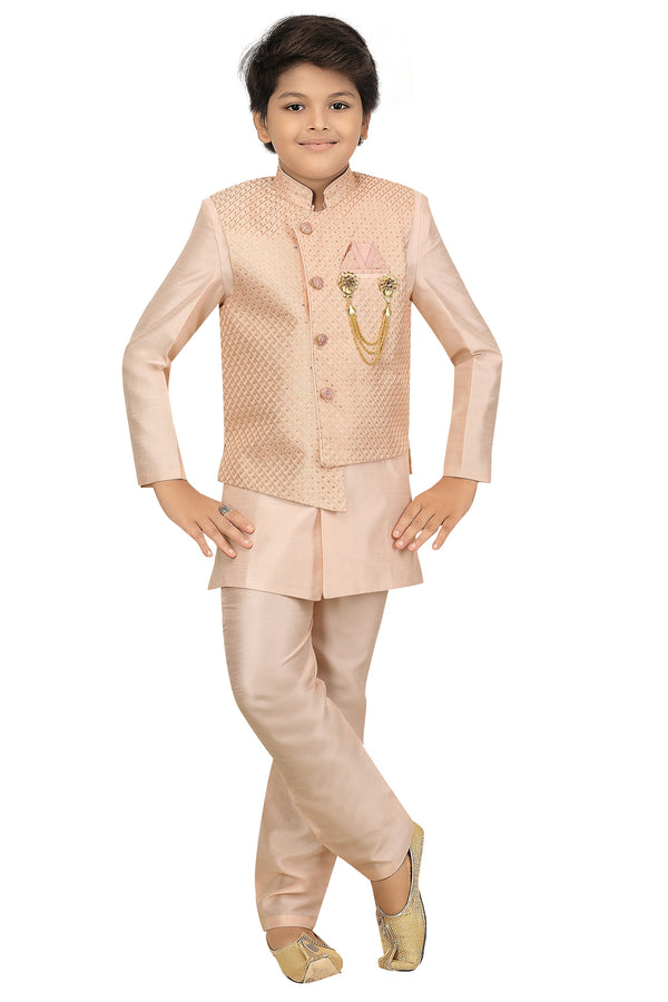 Ahhaaaa Kids Ethnic Cotton Silk Blend Nehru Modi Jacket Kurta & Pyjama Set for Boys Pink