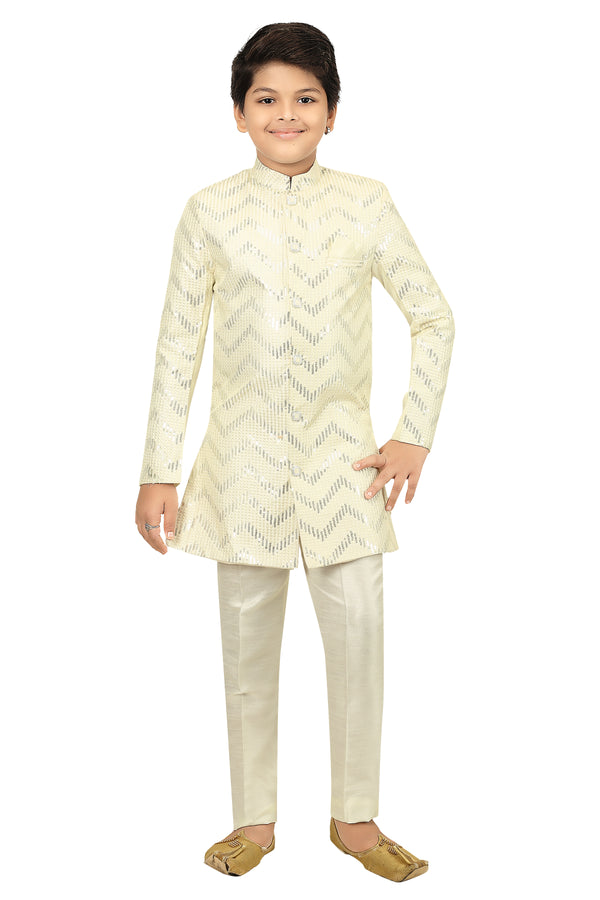 Ahhaaaa Kids Ethnic Silk Blend Zari Work Indo-Western Sherwani Set for Boys Cream