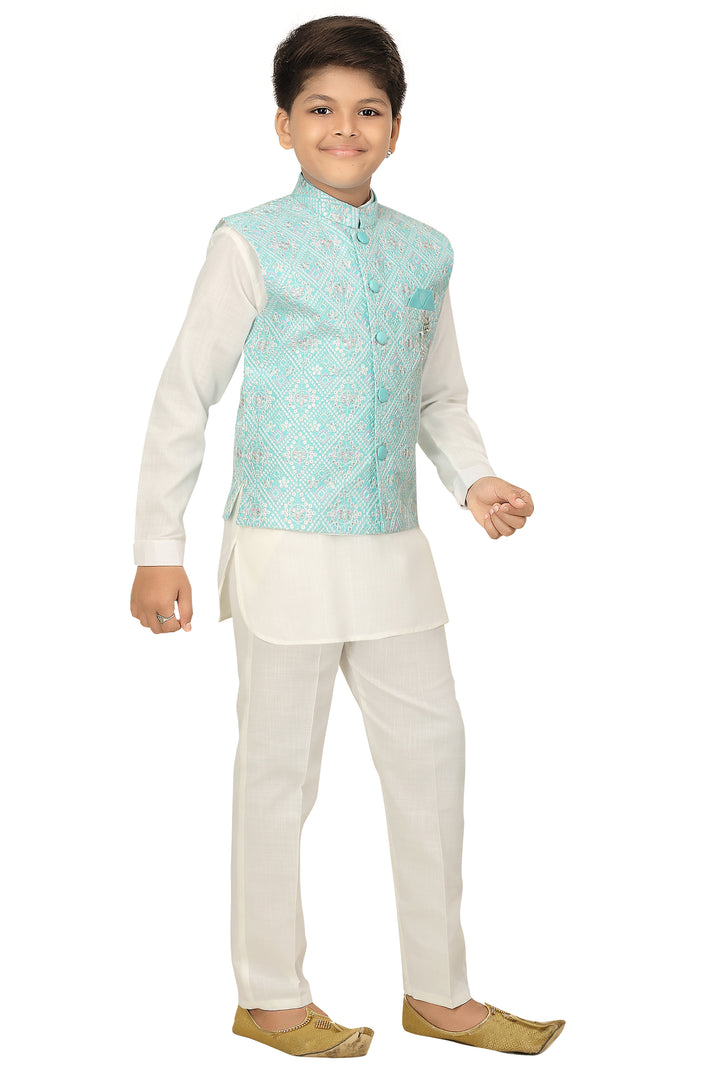 Ahhaaaa Kids Ethnic Chikan Work Waistcoat Kurta and Pajama Set For Boys