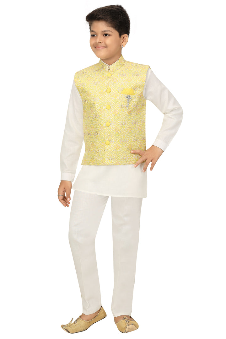 Ahhaaaa Kids Ethnic Chikan Work Waistcoat Kurta and Pajama Set For Boys Yellow