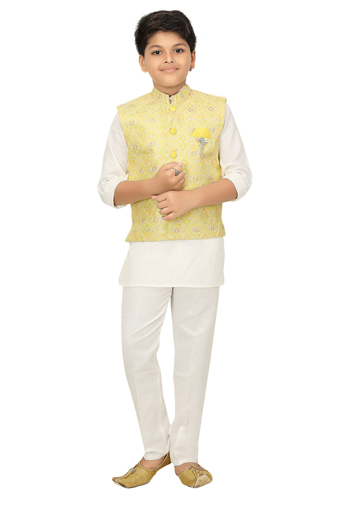 Ahhaaaa Kids Ethnic Chikan Work Waistcoat Kurta and Pajama Set For Boys