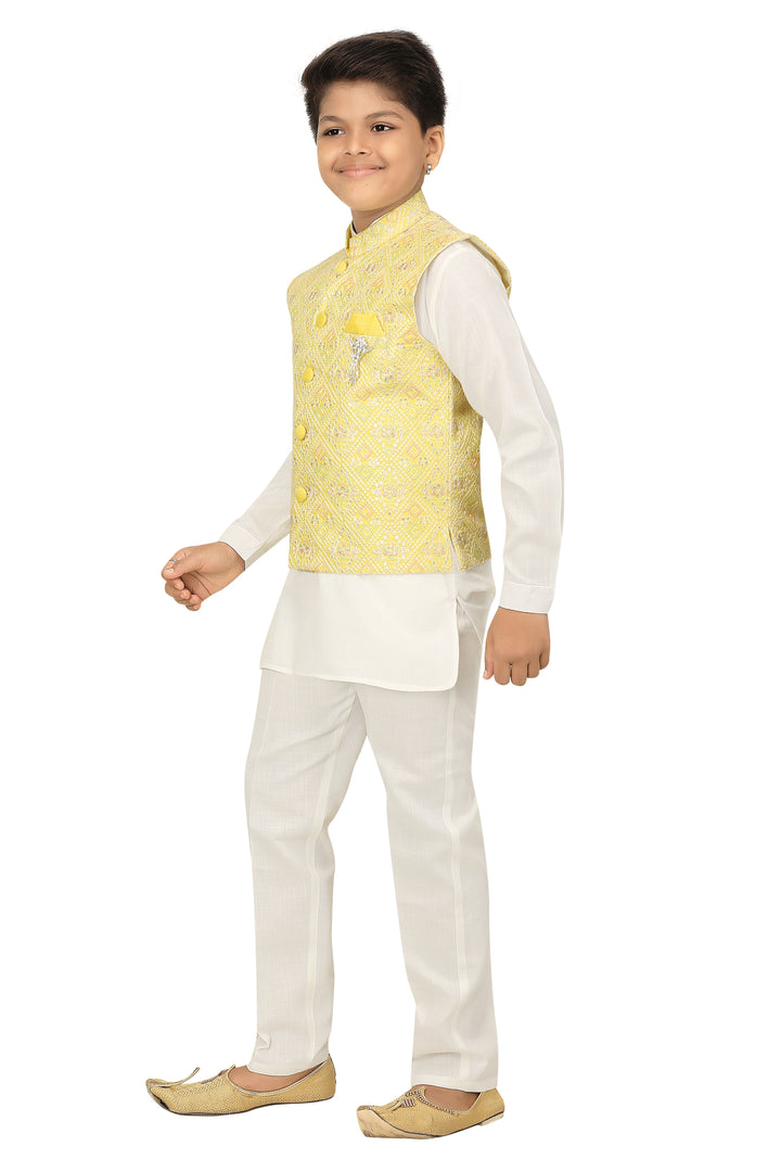 Ahhaaaa Kids Ethnic Chikan Work Waistcoat Kurta and Pajama Set For Boys