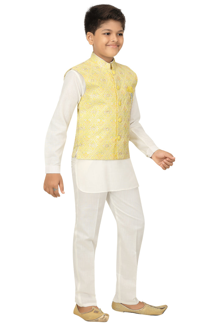 Ahhaaaa Kids Ethnic Chikan Work Waistcoat Kurta and Pajama Set For Boys