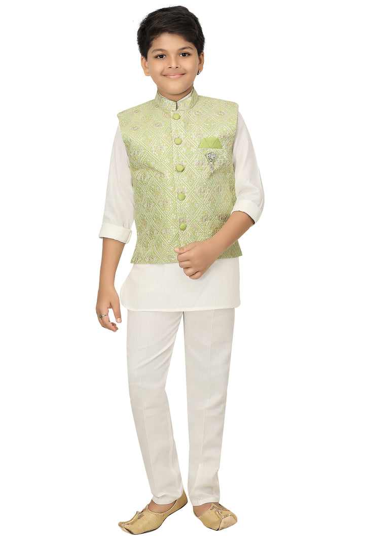 Ahhaaaa Kids Ethnic Chikan Work Waistcoat Kurta and Pajama Set For Boys Green