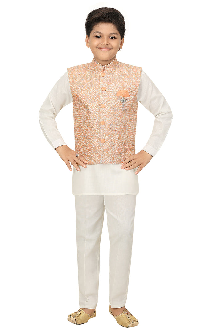 Ahhaaaa Kids Ethnic Chikan Work Waistcoat Kurta and Pajama Set For Boys Pink