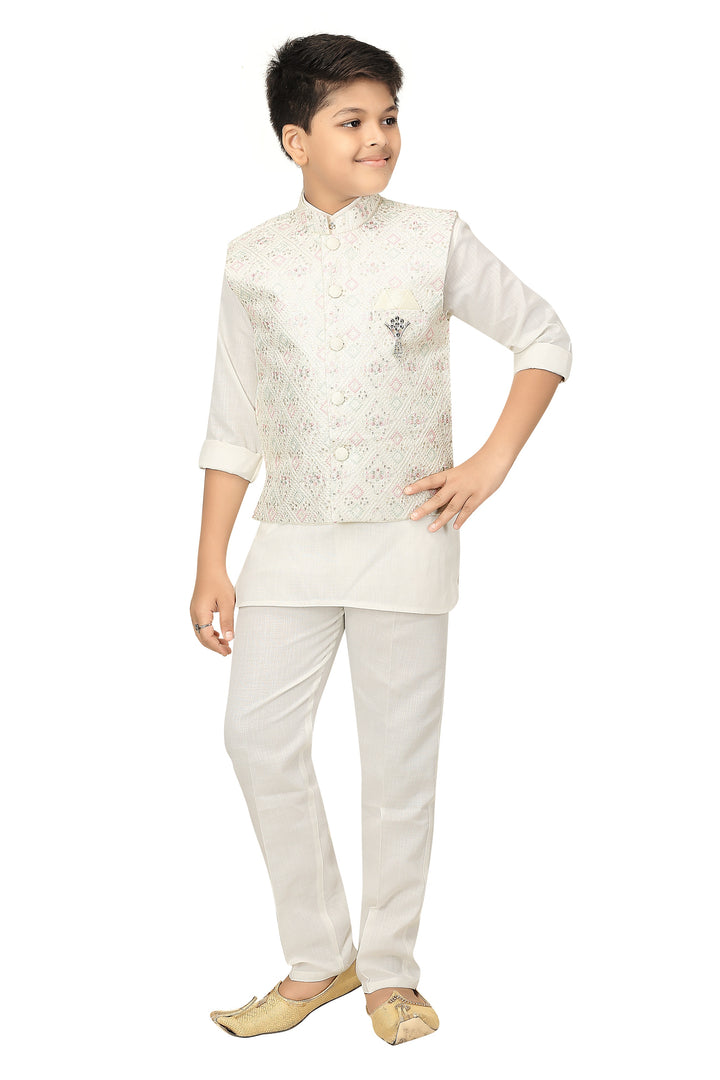 Ahhaaaa Kids Ethnic Chikan Work Waistcoat Kurta and Pajama Set For Boys